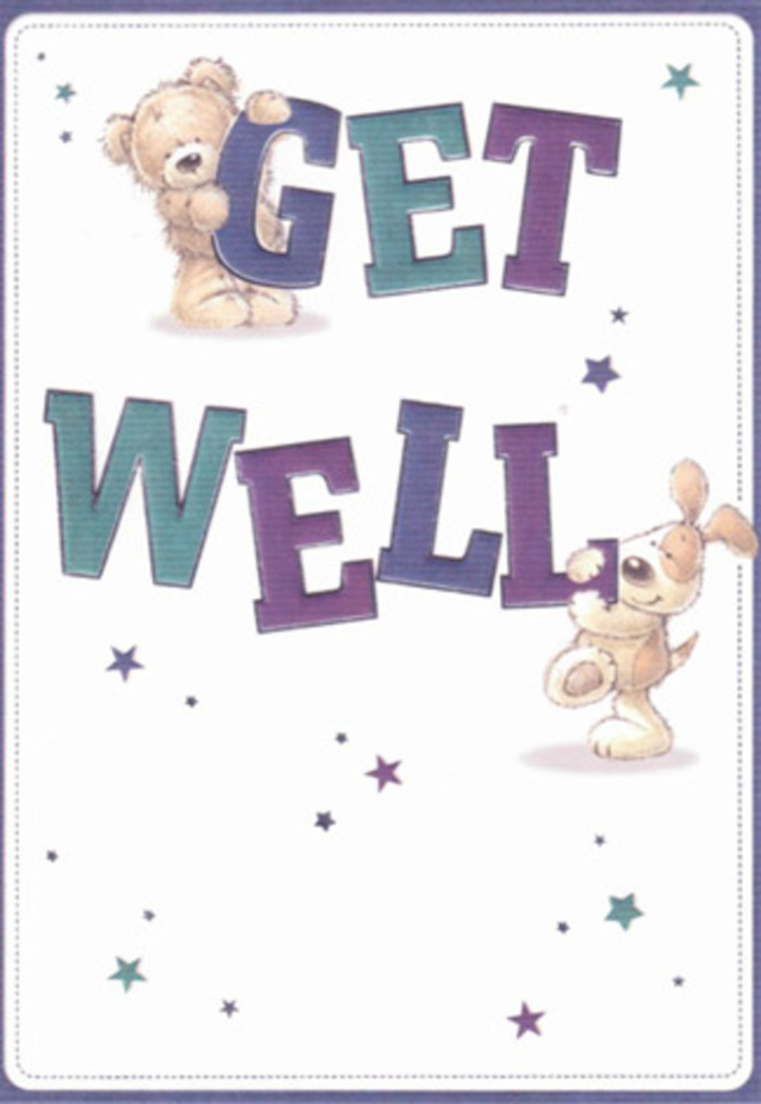 A spirit of gentle reassurance fills this get well card, echoing the supportive community found throughout Rickmansworth and its surrounding parks. Centered within the frame, a friendly bear with irresistibly soft-looking fur and a spirited puppy with velvety floppy ears sit playfully together, both entirely engaged in offering hope. The words 'Get Well' dance across the page in broad, bold letters shaded with rich purples and calming aquas, giving the message both visual strength and cheerful ease. Dotted stars in varying blue and lavender tones swirl like wishes drifting down the Rickmansworth High Street or floating alongside the gentle waters of the Canal. The almost tangible texture of the characters conjures the comforting feeling of a loved one's gift-basket or a bouquet delicately arranged for encouragement and warmth. There is an artistry here, each stroke similar to the careful placement of flowers for a customer in Maple Cross-intent on brightening a moment and lifting weary spirits. The airy, clean background allows every detail to shine, creating a mood of hopefulness and light, perfectly suited for cheering up friends or family recovering in the embrace of Rickmansworth's village calm.